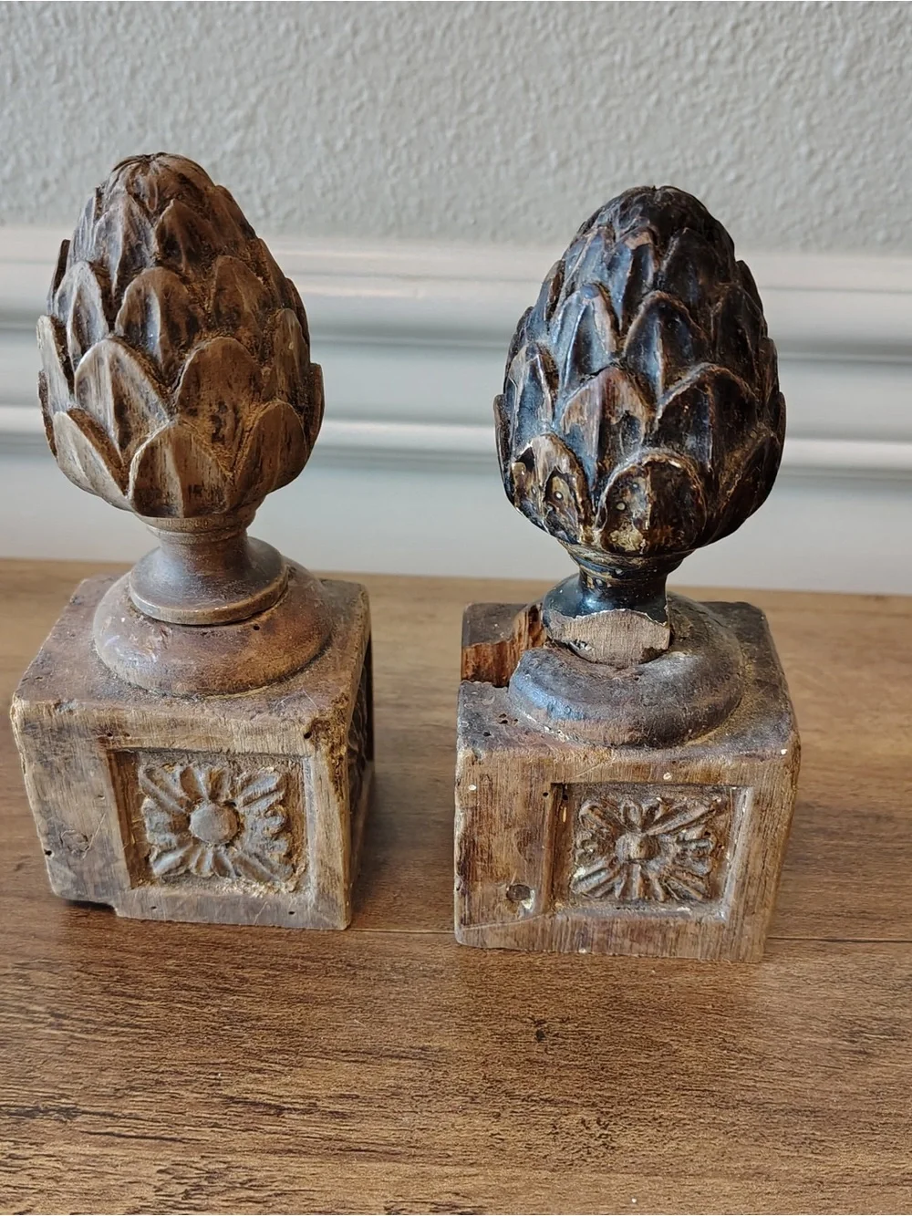 Antique Wood Staircase Finials Pair Carved Artichoke Newel Post Caps Salvage